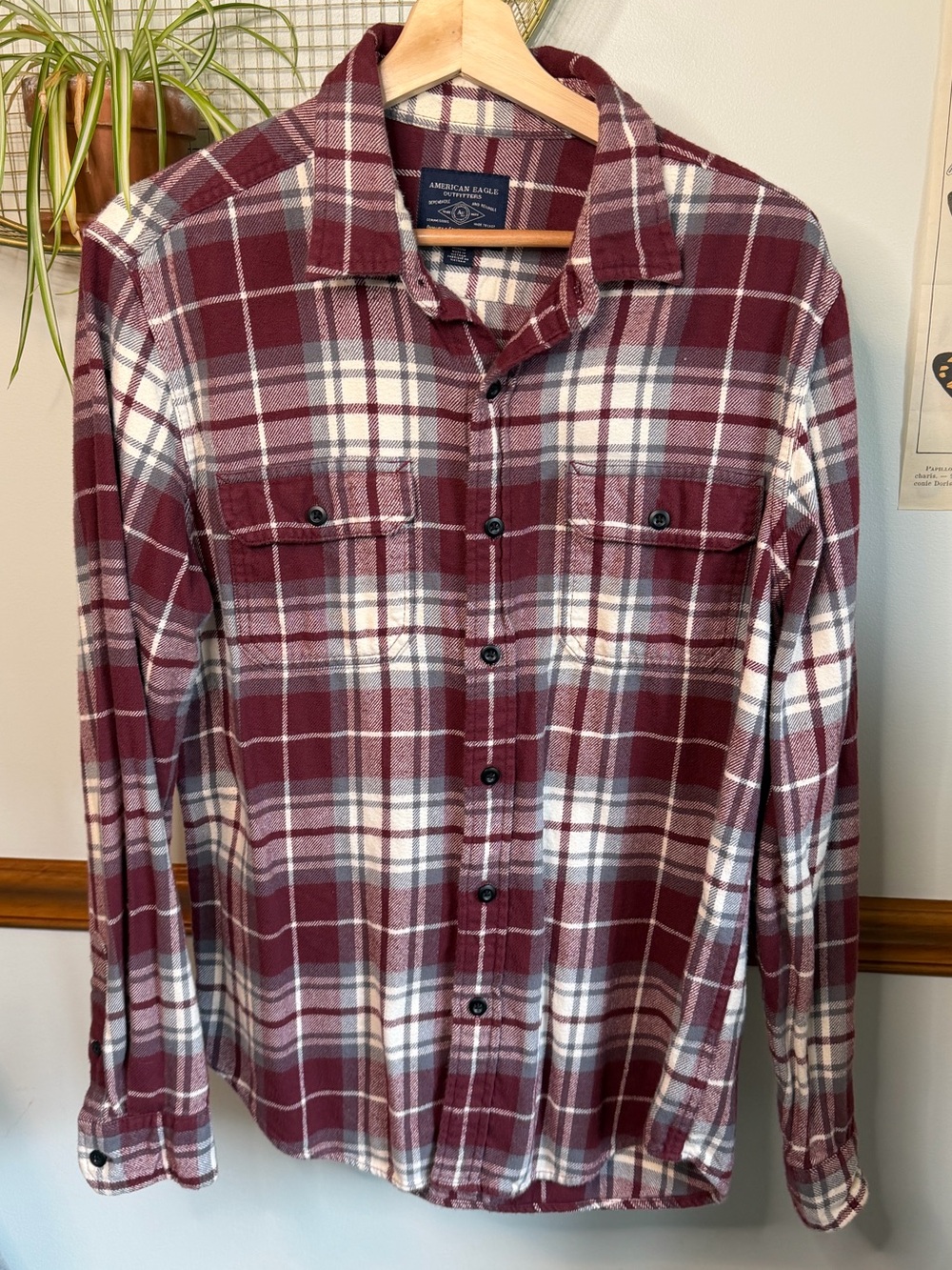 Maroon and White Plaid Flannel Shirt